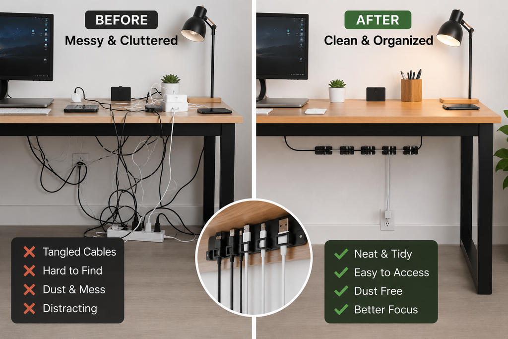 Magnetic Under-Desk Cable Organizer Keep cords neat, hidden, and within easy reach.