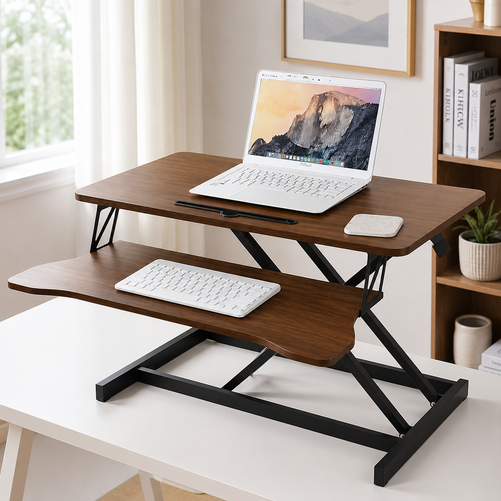 32-Inch Height Adjustable Desk Converter | Walnut Sit-Stand Workstation with Keyboard Tray