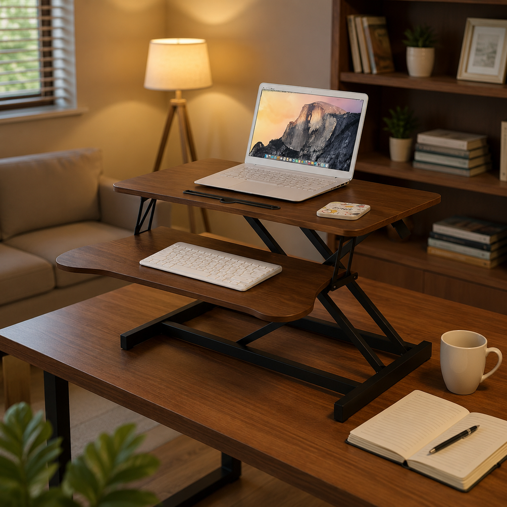 32-Inch Height Adjustable Desk Converter | Walnut Sit-Stand Workstation with Keyboard Tray