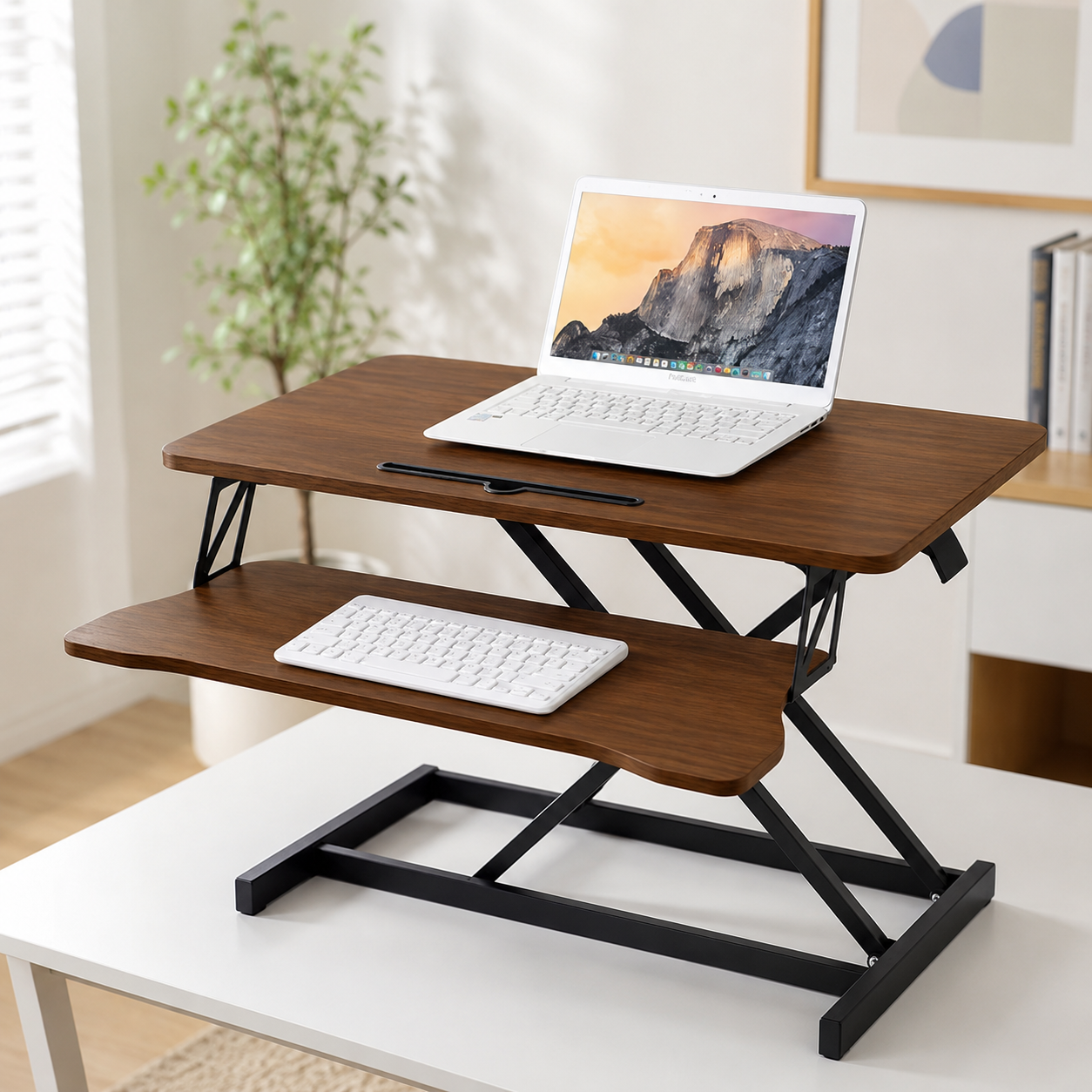 32-Inch Height Adjustable Desk Converter | Walnut Sit-Stand Workstation with Keyboard Tray