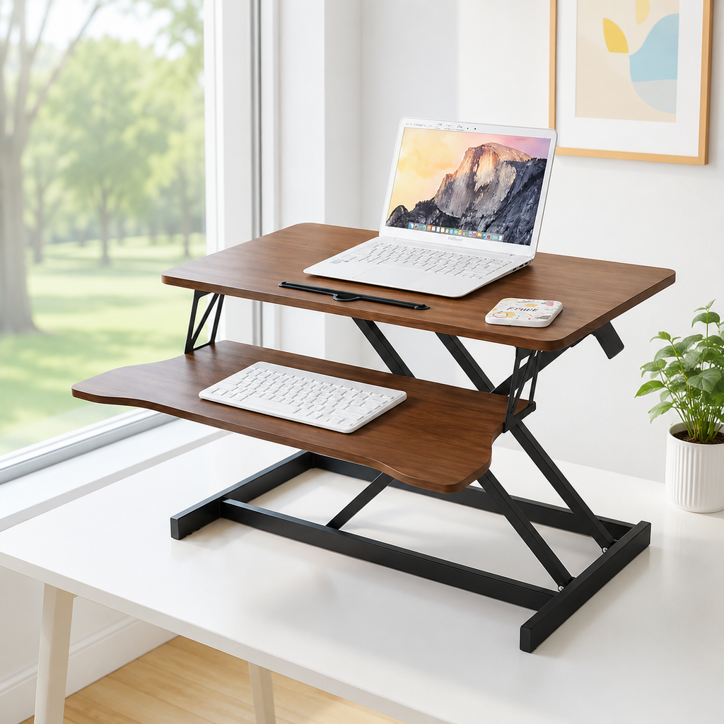 32-Inch Height Adjustable Desk Converter | Walnut Sit-Stand Workstation with Keyboard Tray