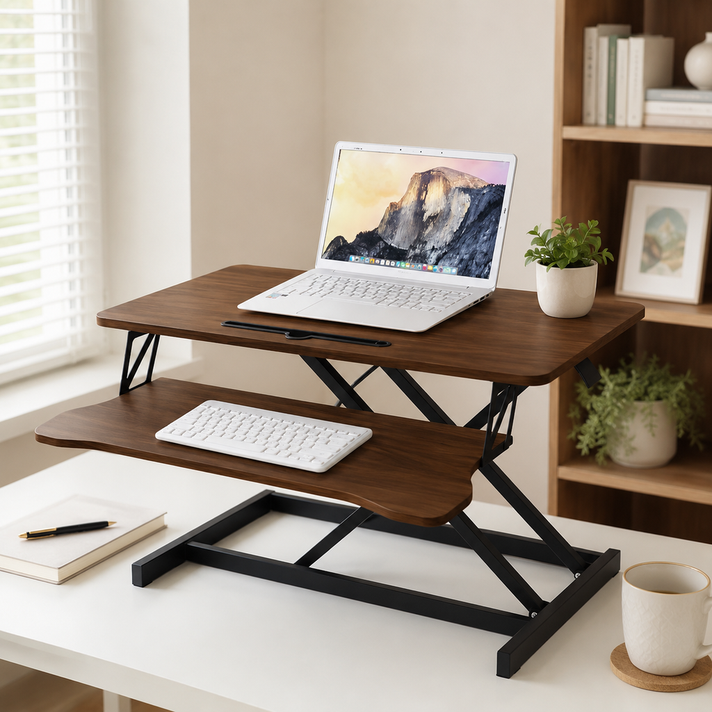 32-Inch Height Adjustable Desk Converter | Walnut Sit-Stand Workstation with Keyboard Tray