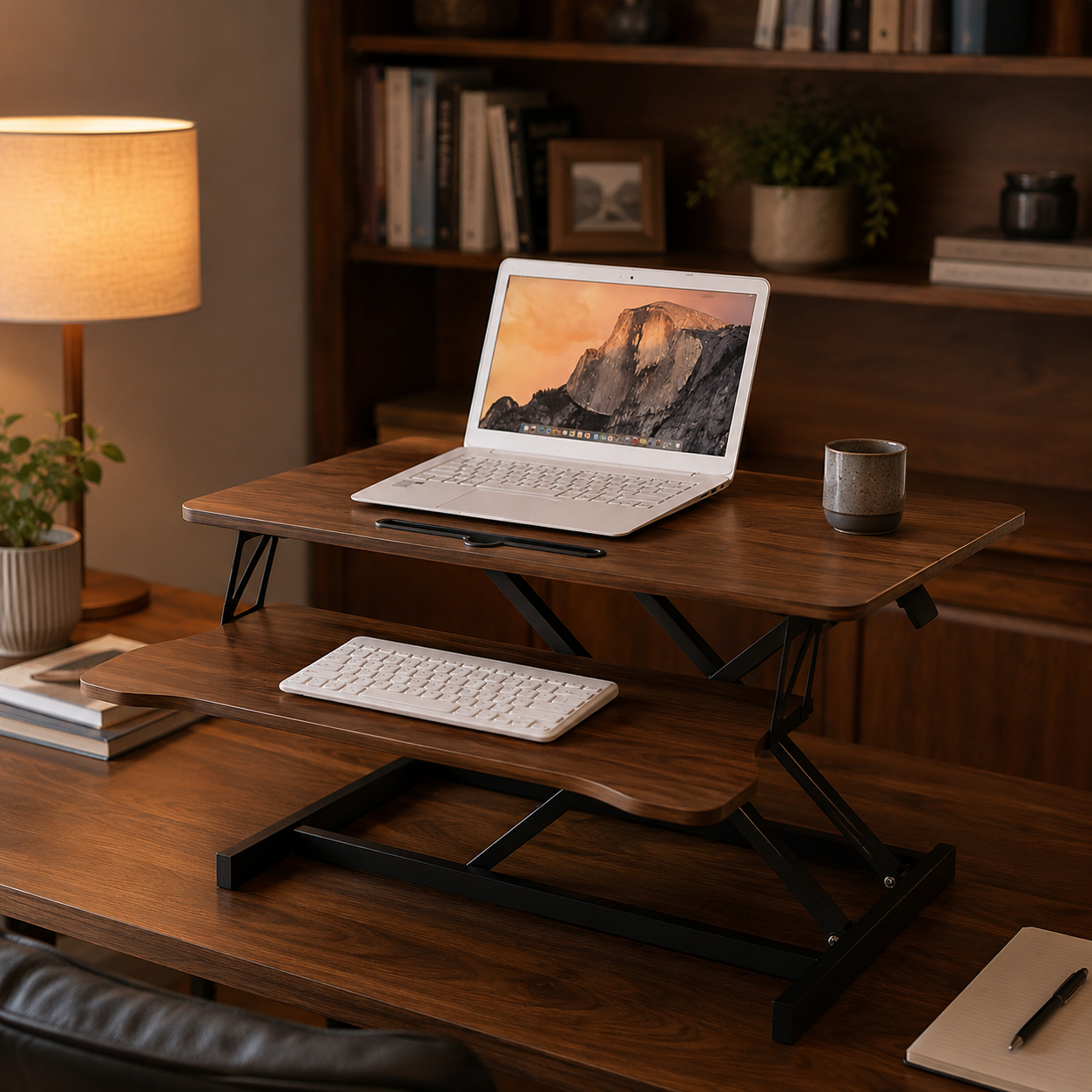 32-Inch Height Adjustable Desk Converter | Walnut Sit-Stand Workstation with Keyboard Tray