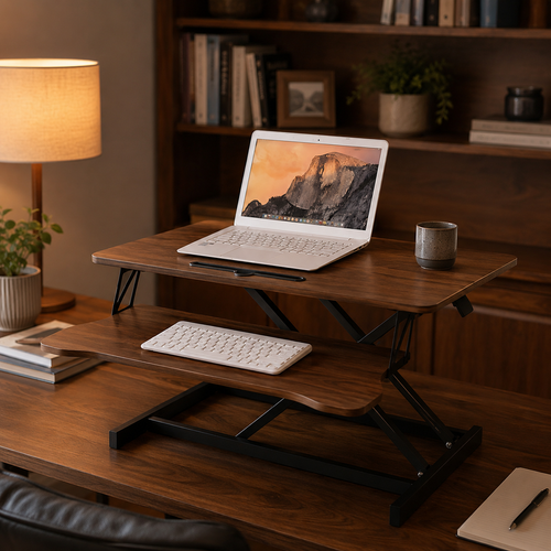 32-Inch Height Adjustable Desk Converter | Walnut Sit-Stand Workstation with Keyboard Tray