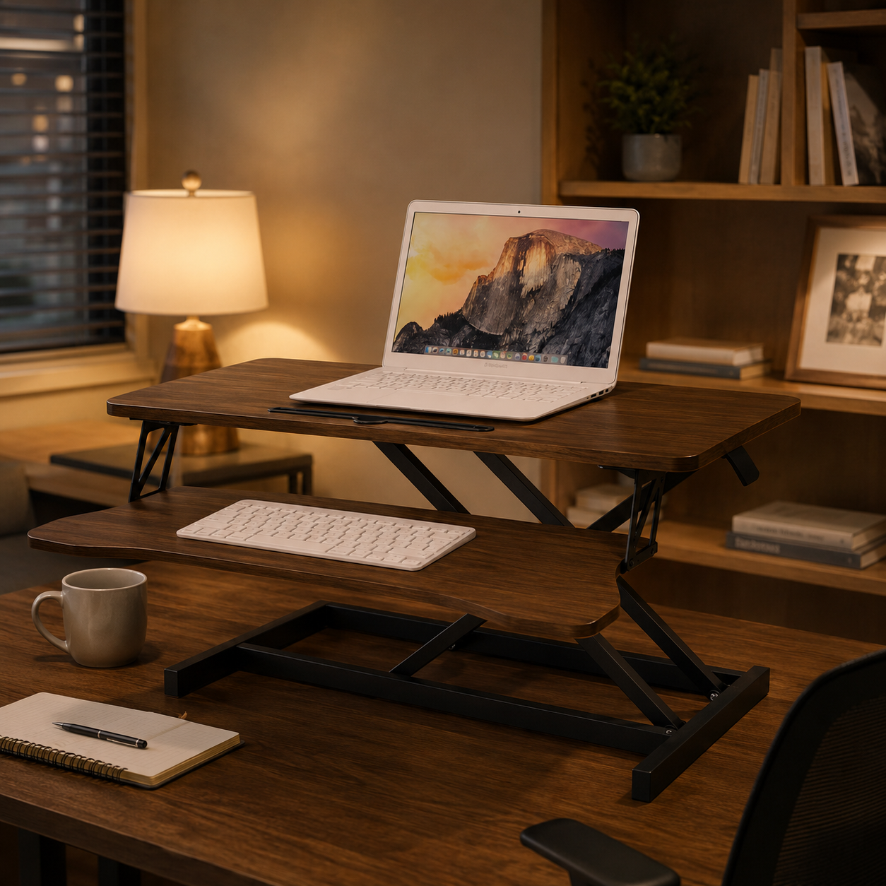 32-Inch Height Adjustable Desk Converter | Walnut Sit-Stand Workstation with Keyboard Tray