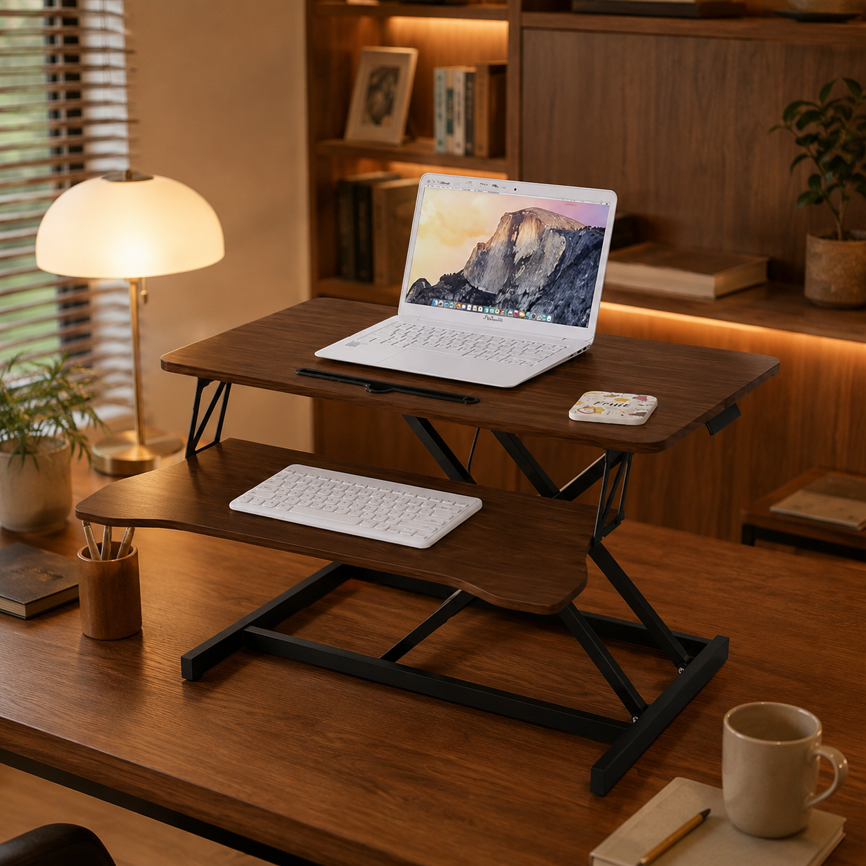 32-Inch Height Adjustable Desk Converter | Walnut Sit-Stand Workstation with Keyboard Tray