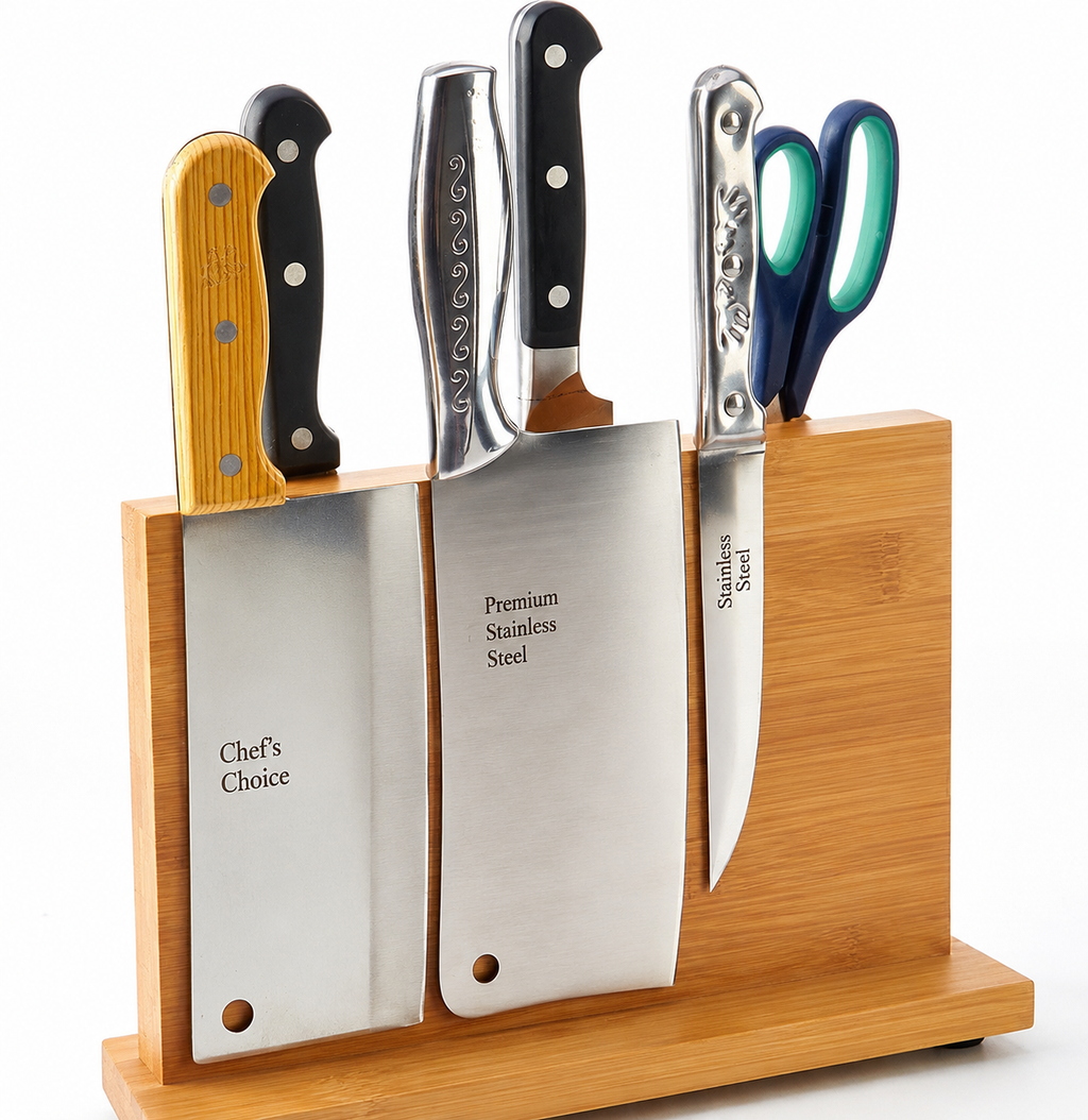 Premium Bamboo Magnetic Knife Holder – Space-Saving Kitchen Organization Stand