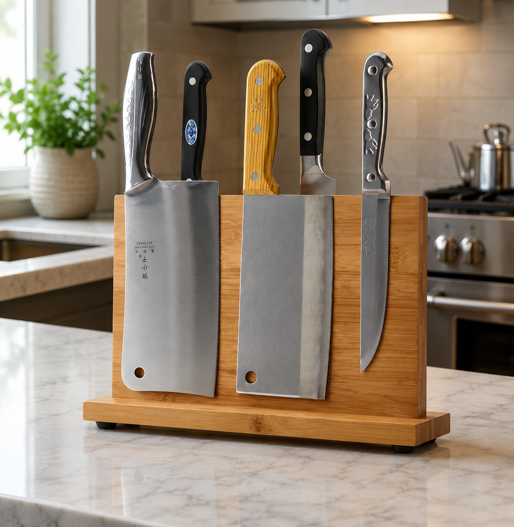 Premium Bamboo Magnetic Knife Holder – Space-Saving Kitchen Organization Stand