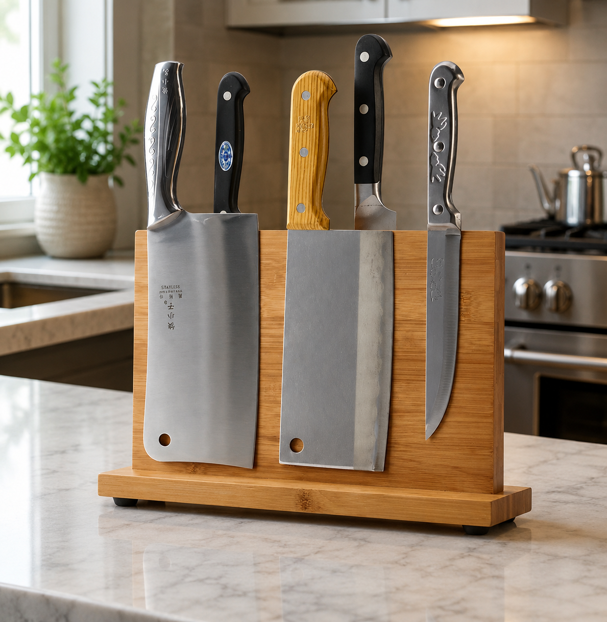 Premium Bamboo Magnetic Knife Holder – Space-Saving Kitchen Organization Stand