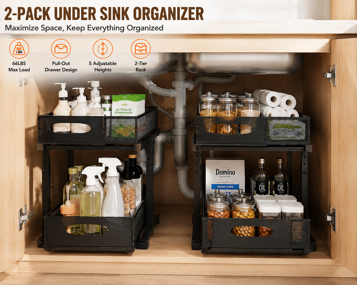 2-Pack Under Sink Organizer | Adjustable Pull-Out Cabinet Storage
