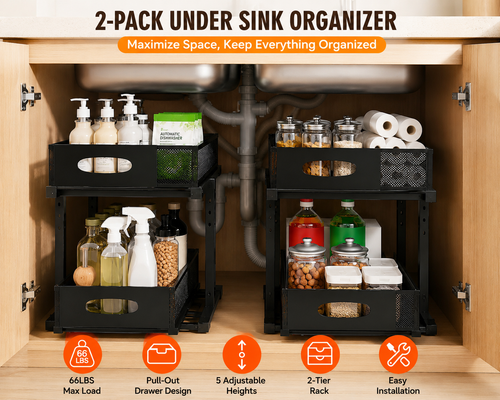 2-Pack Under Sink Organizer | Adjustable Pull-Out Cabinet Storage