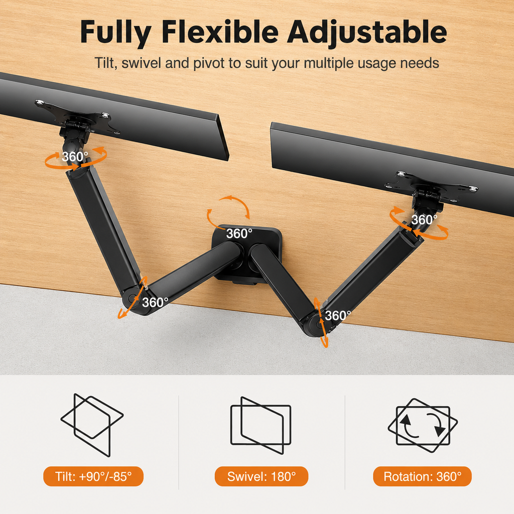 Dual Monitor Gas Spring Arm Mount – Adjustable Desk Stand for 13–32” Screens