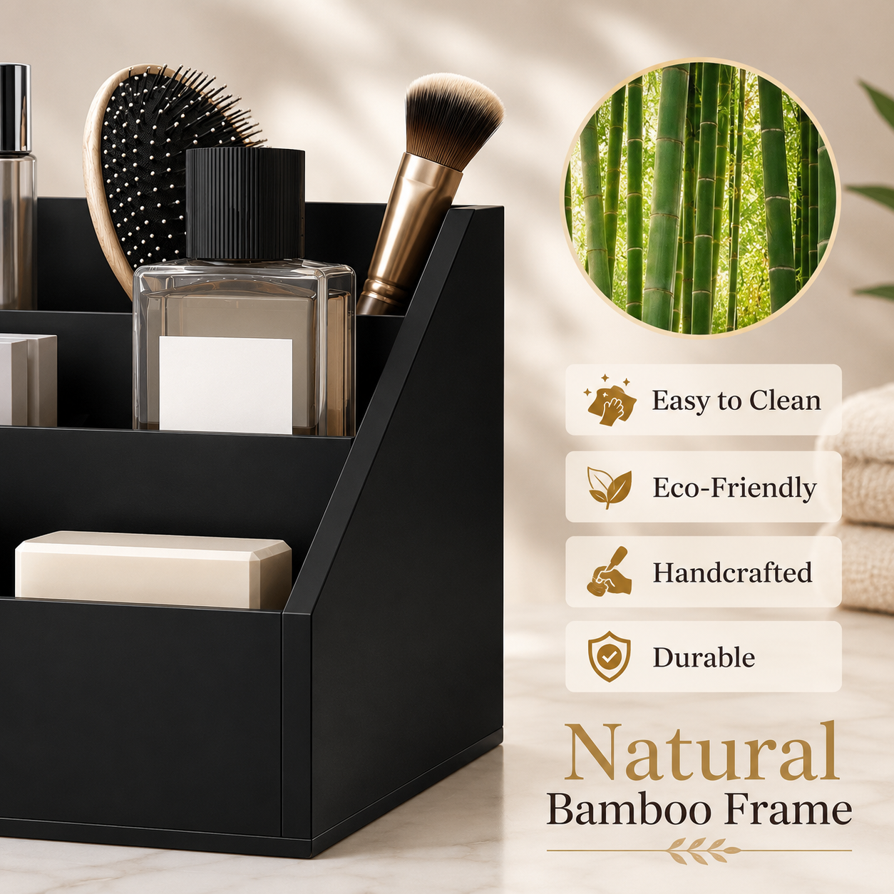 Bamboo Desk Organizer with Drawers – Black 7-Compartment Office Caddy