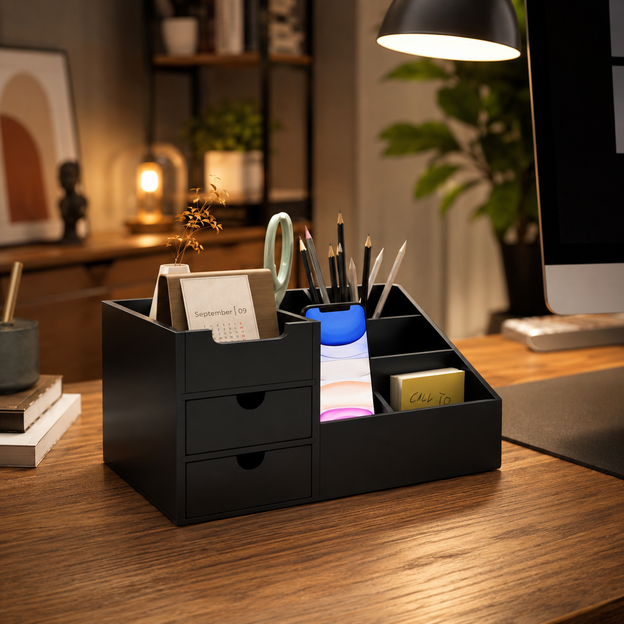 Bamboo Desk Organizer with Drawers – Black 7-Compartment Office Caddy