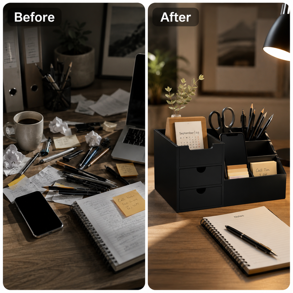 Bamboo Desk Organizer with Drawers – Black 7-Compartment Office Caddy