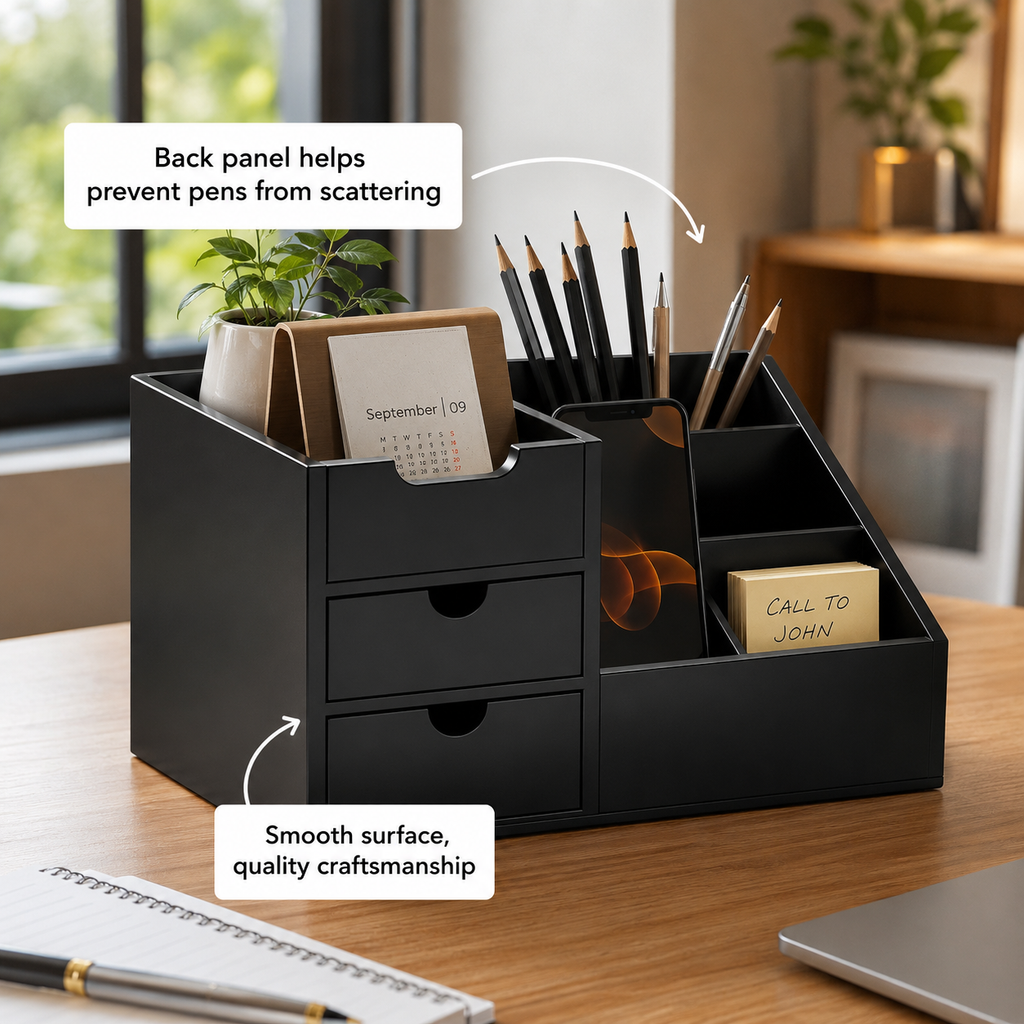 Bamboo Desk Organizer with Drawers – Black 7-Compartment Office Caddy