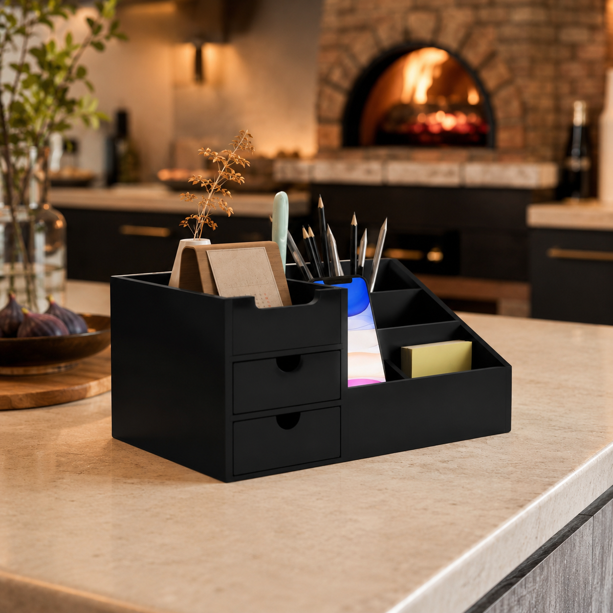 Bamboo Desk Organizer with Drawers – Black 7-Compartment Office Caddy