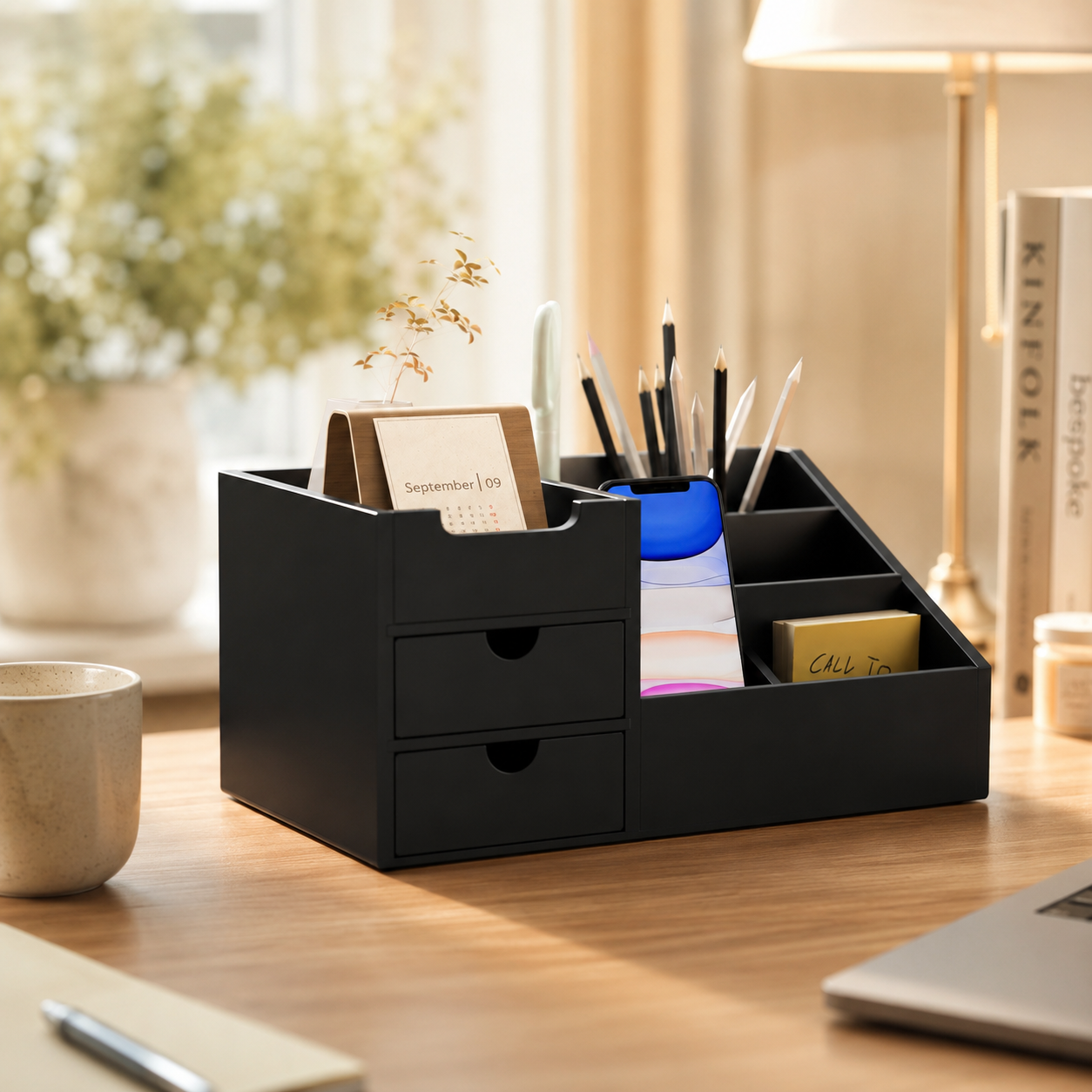 Bamboo Desk Organizer with Drawers – Black 7-Compartment Office Caddy