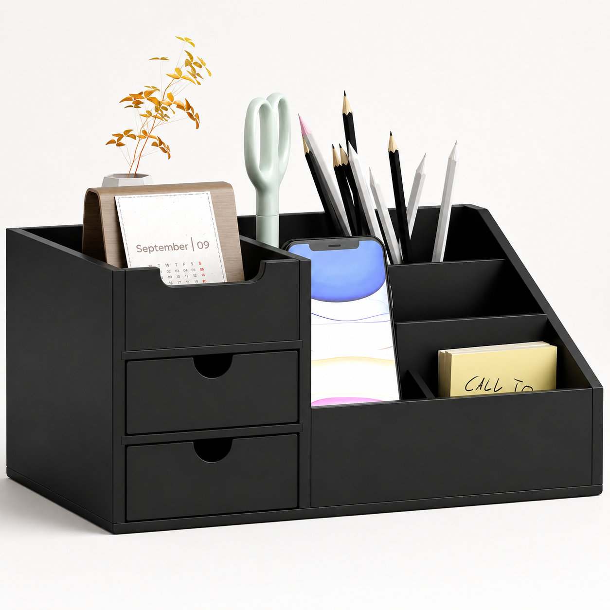 Bamboo Desk Organizer with Drawers – Black 7-Compartment Office Caddy