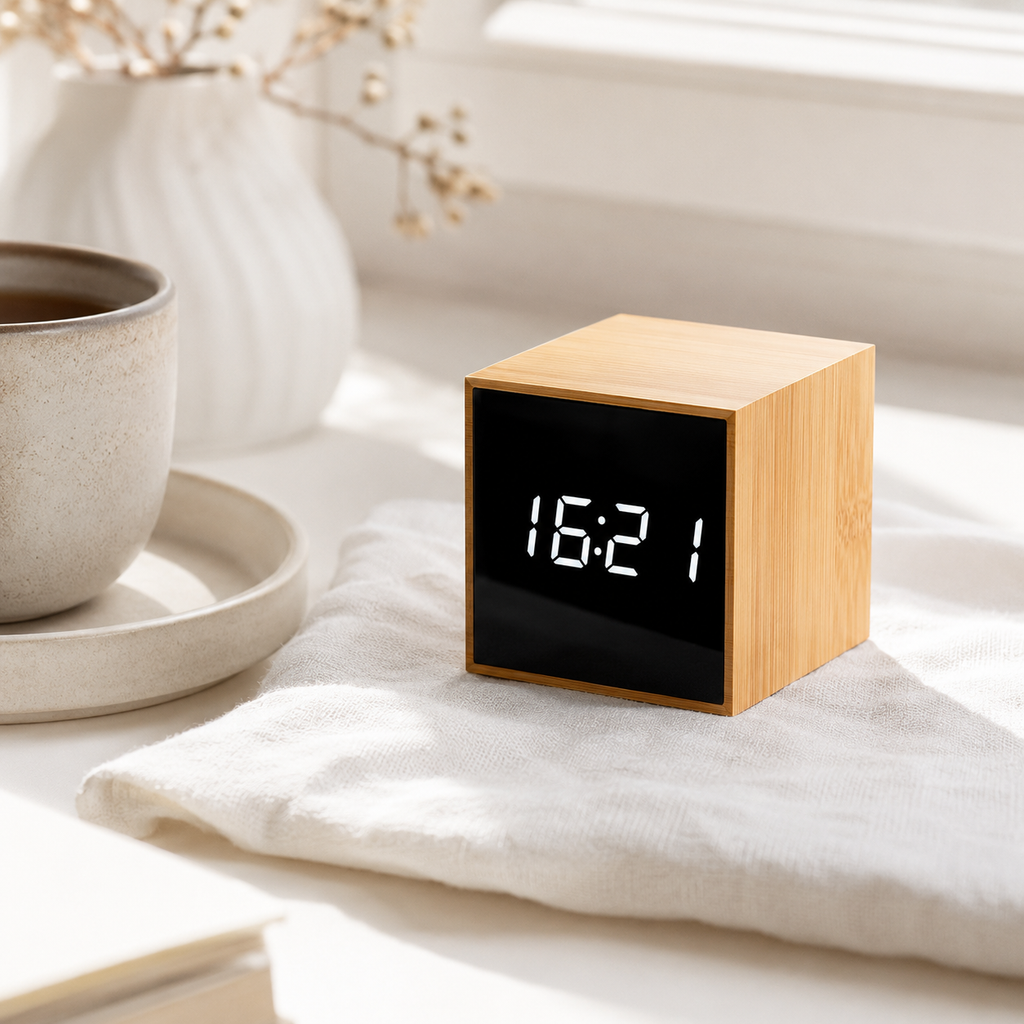Real Bamboo LED Alarm Clock | Minimalist Wooden Digital Desk Clock