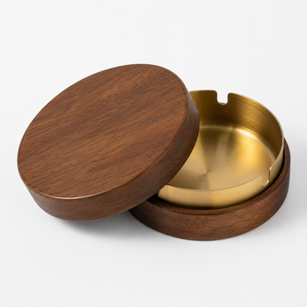 Walnut Wood Ashtray with Lid | Modern Covered Tabletop Ashtray
