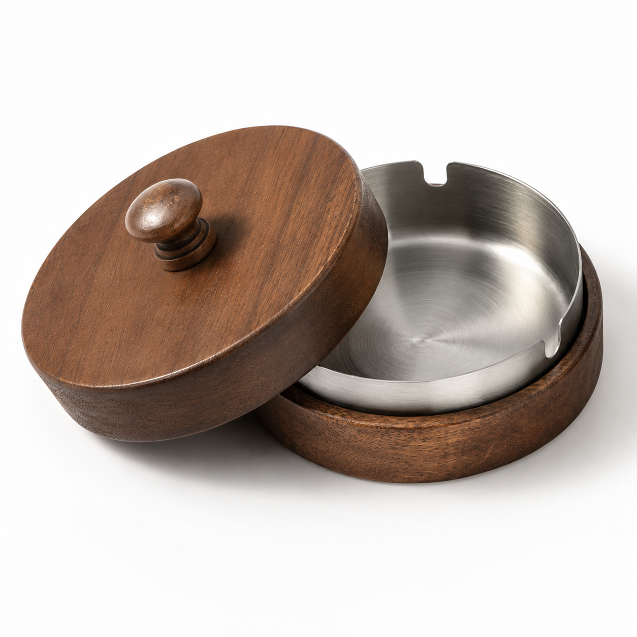 Walnut Wood Ashtray with Lid | Modern Covered Tabletop Ashtray