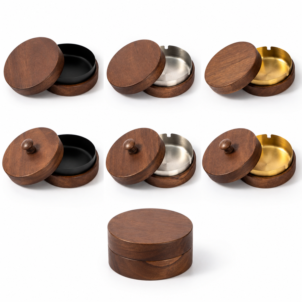 Walnut Wood Ashtray with Lid | Modern Covered Tabletop Ashtray