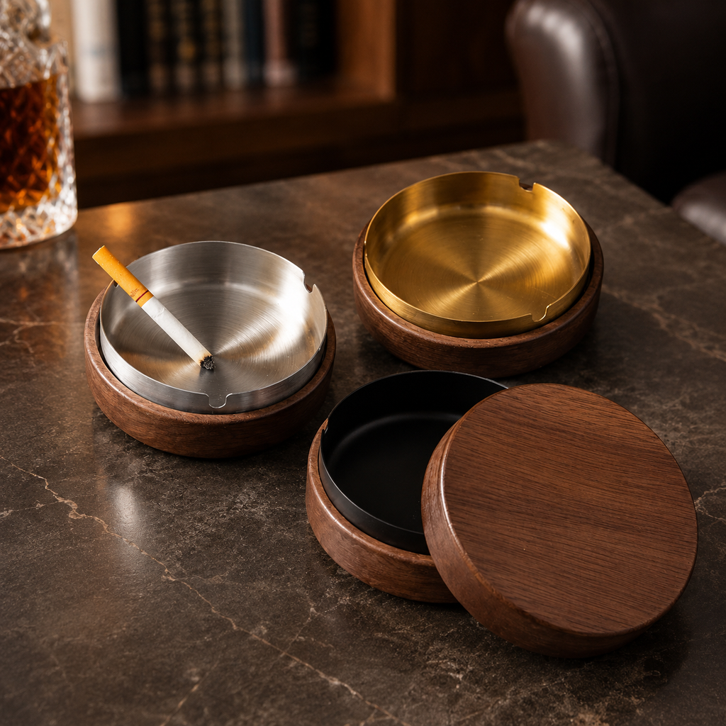 Walnut Wood Ashtray with Lid | Modern Covered Tabletop Ashtray